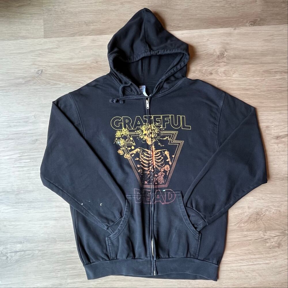 Vintage 2010 Grateful Dead Zip Up Hoodie Tultex Black Size M Skeleton Roses